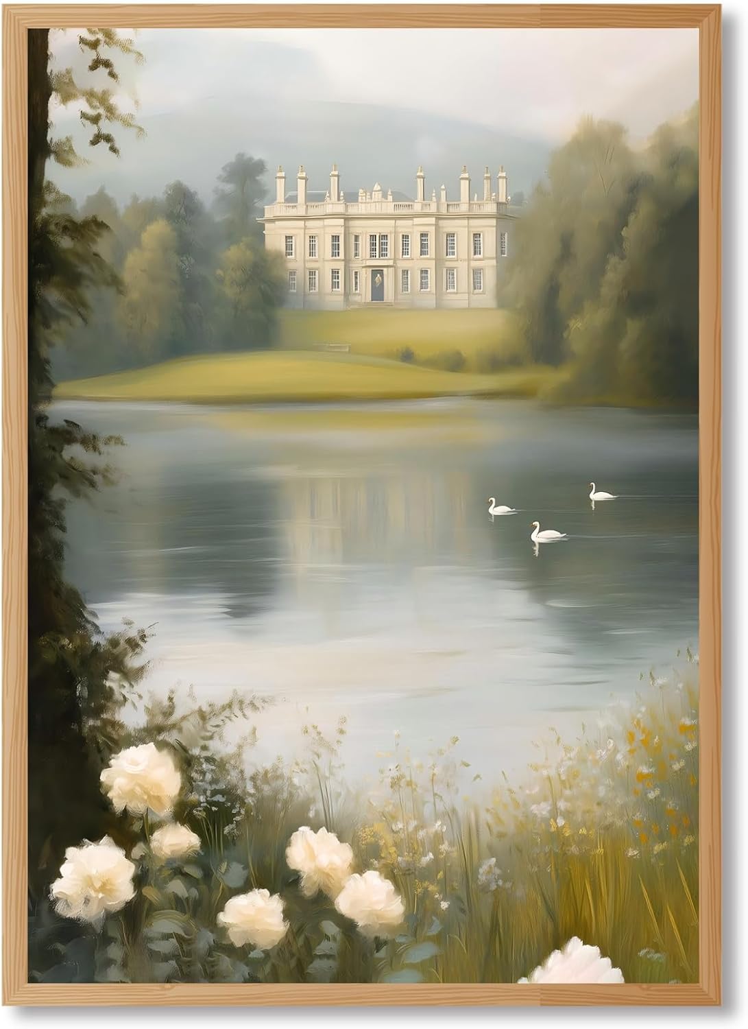 Framed Pemberley Estate Painting Romantic Castle by the Lake Canvas Print Vintage Landscape Picture Jane Austen Inspired Wall Art Pride and Prejudice Poster Decor for Living Room Bedroom 24x36inch
