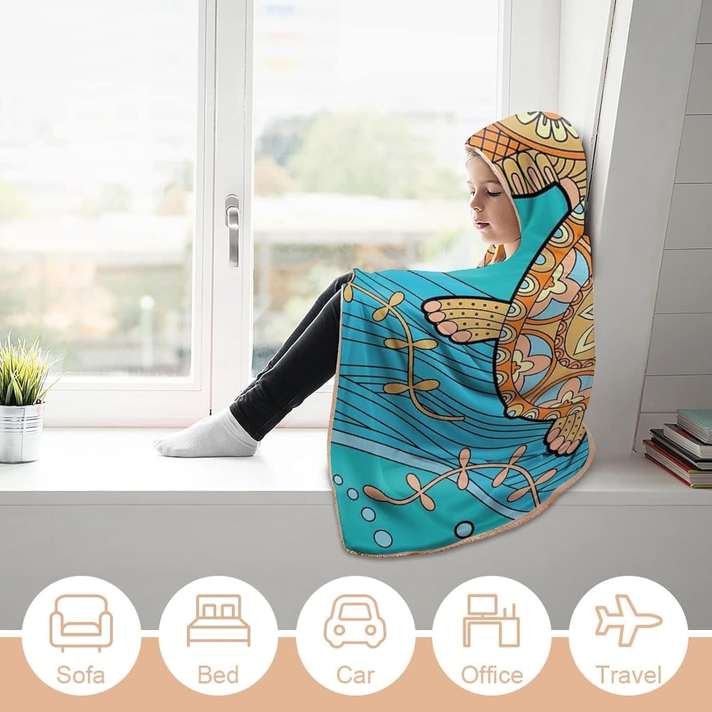 Throw Blankets, Turtle Women Men Hooded Blanket, Decorative Doodle of Sea Turtle on Water Surface, Soft Warm Cozy, 60 x 80inches, Studying Reading Snuggling Napping Office