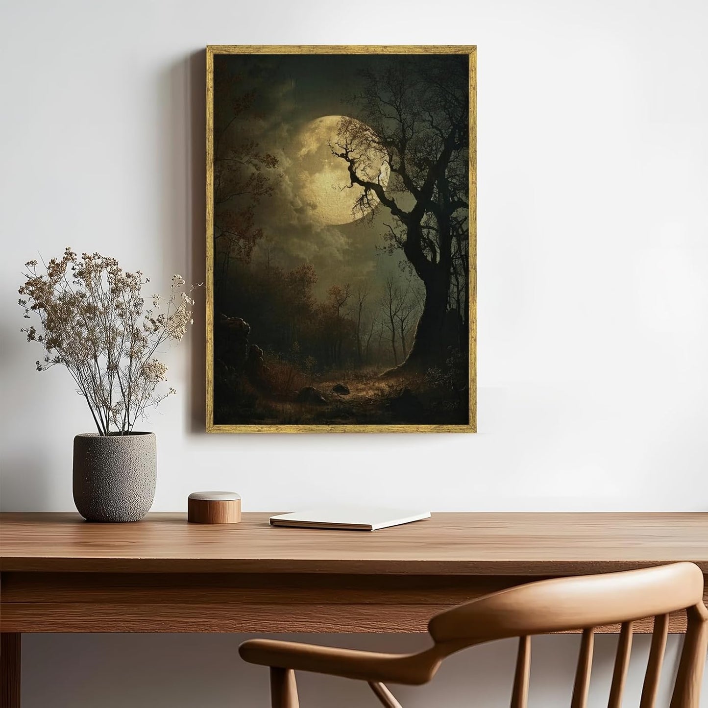 Balsuka Moody Forest with Full Moon Wall Art Vintage Gothic Moonlight Poster Dark Aesthetic Decor Nature Canvas Print Victorian Mystical Landscape Painting for Bedroom Bathroom 8x12inch Golden Frame