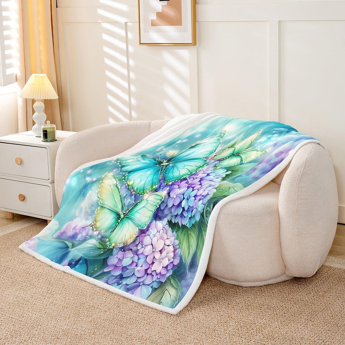 Teal Butterfly Fleece Blankets,Romantic Purple Hydrangea Flowers Throw Blanket for Sofa Adults,Watercolor Spring Floral Garden Paint Soft Blanket Bed Couch,Queen (90 x 90 Inches)