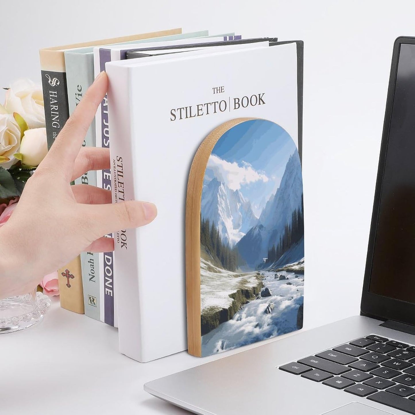 Snowy Mountains Bookend for Shelves Wooden Book End Large Size Sturdy Book Holders Stoppers with Metal Base for Bookshelves Slick Decorative Bookends Stands