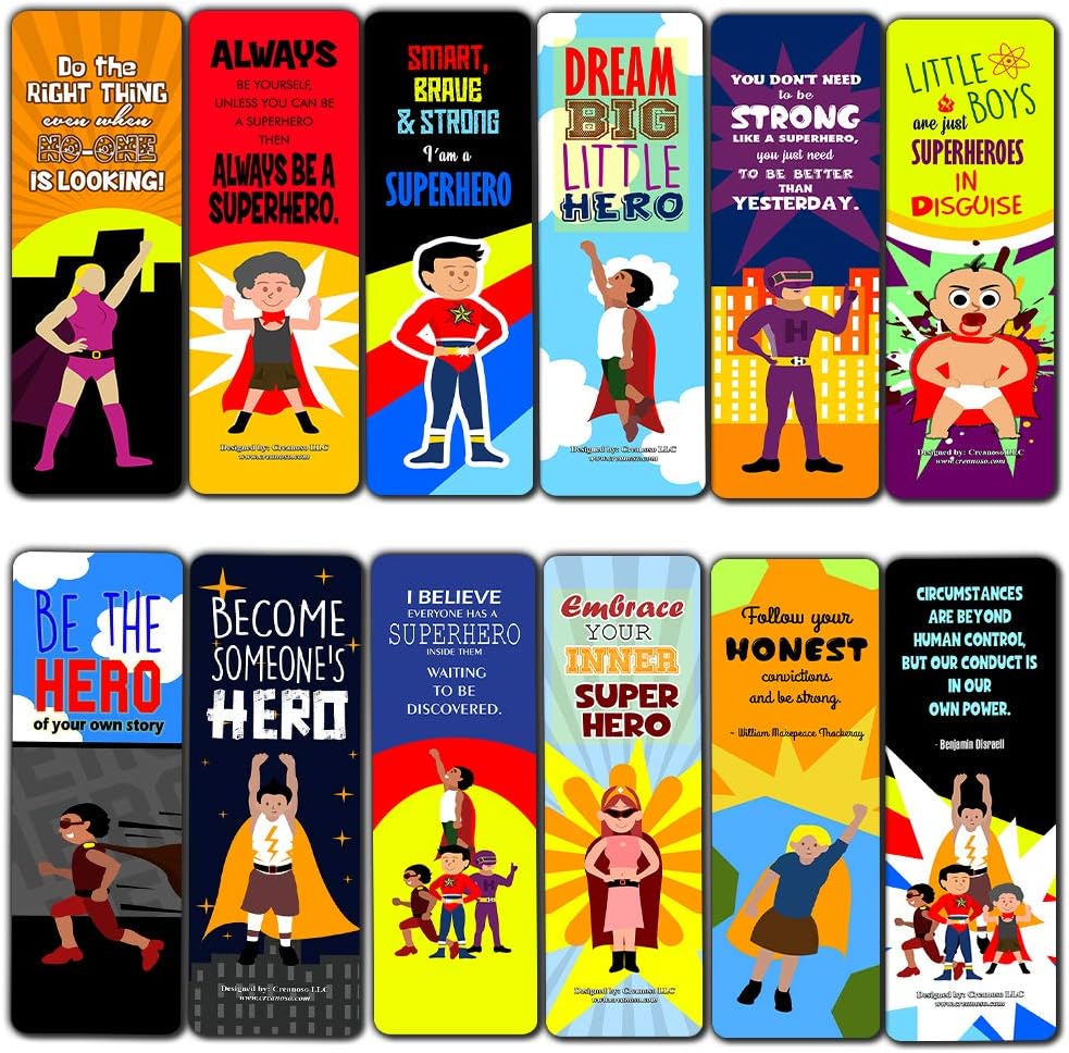 Creanoso Superhero Bookmarks for Kids (12-Pack) – Premium Gift Set – Awesome Bookmarks for Boys Girls – Six Bulk Assorted Bookmarks Designs – Unique Quality Cool Giveaways Collection Pack