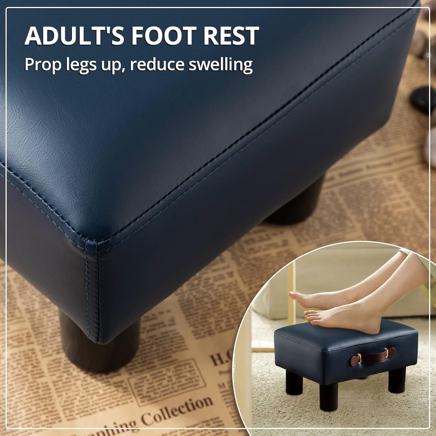 Small Foot Stool with Handle, Blue PU Leather Short Foot Stool Rest, Rectangle Storage Foot Stools Ottoman with Plastic Legs, Padded Footstool Small Step Stool for Living Room, Office, Desk, Patio
