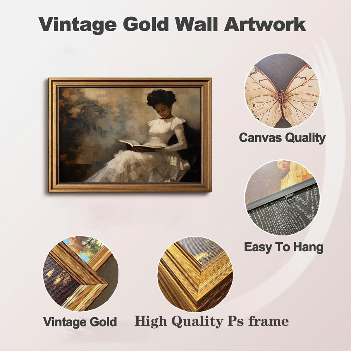 Gold Framed Wall Art Vintage Canvas Wall Art African American Black Girl Reading Book Artwork Prints Picture for Living Room Bedroom Farmhouse Bathroom Office Decor, 16x24