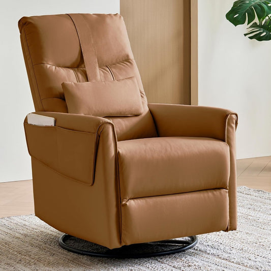 Leather Recliner Chair with Movable Headrest Back Pillow Swivel Rocker Recliners Chairs for Living Room Bedroom Meeting Home Furniture(Brown)