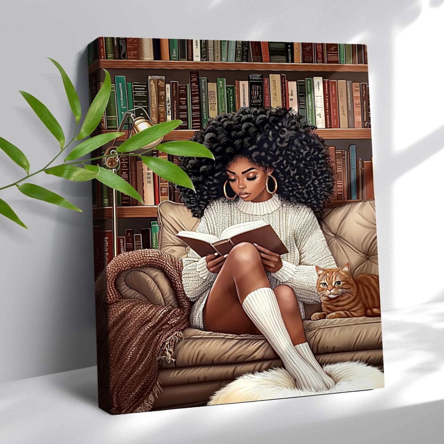 African American Wall Art Black Girl Reading Book Pictures Canvas Wall Decor Gift Afro Black Women Print Painting Framed Artwork for Teenager Living Room Bedroom Study Reading Room 16"x20"