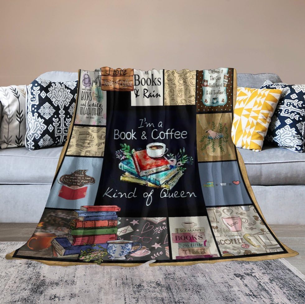 Book and Coffee Print Blanket Coffee Cup Cafe Throw Blankets for Couch Sofa Bed Stuff Decor Lightweight Soft Cozy Fleece Plush Warm Flannel Bedding Blanket Gifts for Girls Boys Kids Adults 50"x60"