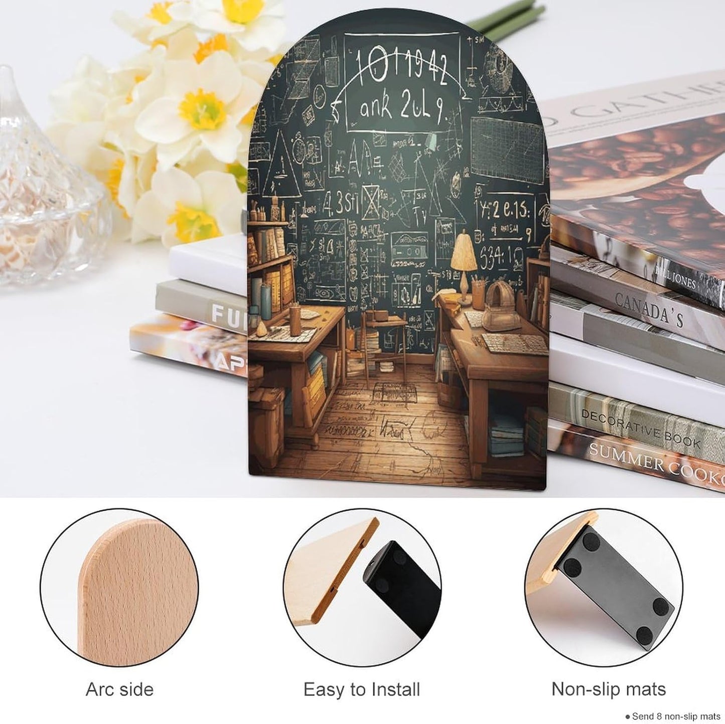 School Math Wooden Bookend Non-Slip Book Ends Heavy Duty Book Stopper with Metal Base Books Holderd Decorative Bookends Stands Firmly for Office Supplies