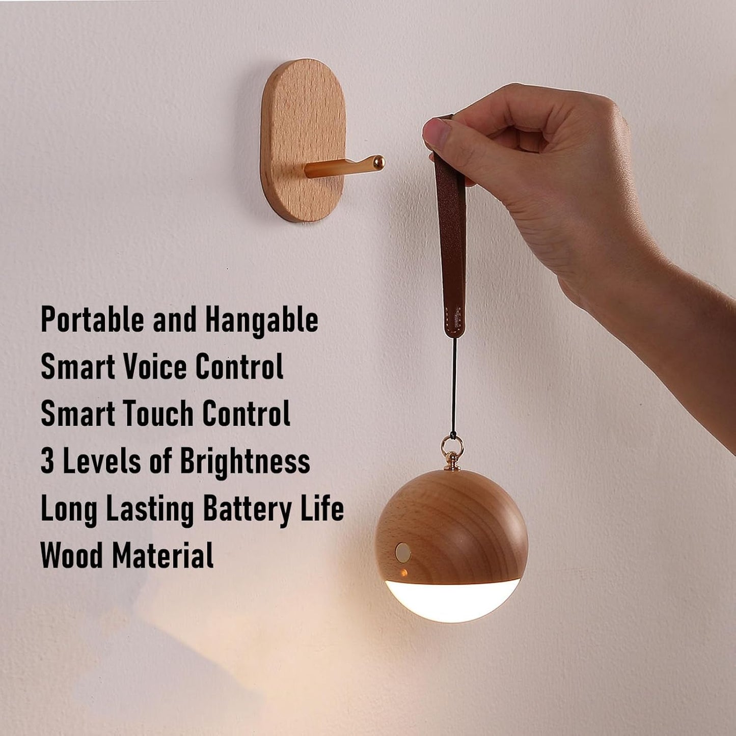 ZJchao Wooden Voice Control Night Light 3 Brightness Levels USB Rechargeable Bedside Lamp with Hanging Strap for Bedroom Nursery Desk
