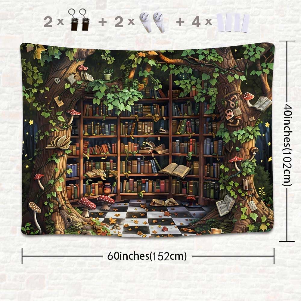 SHRAPHY Vintage Bookshelf Tapestry Dreamy Fairy Tale Wonderland Plants Forest Trees Tapestry Wall Hanging Vintage Medieval Library Books Tapestries for Bedroom 60x40 inches GTSXYUH006