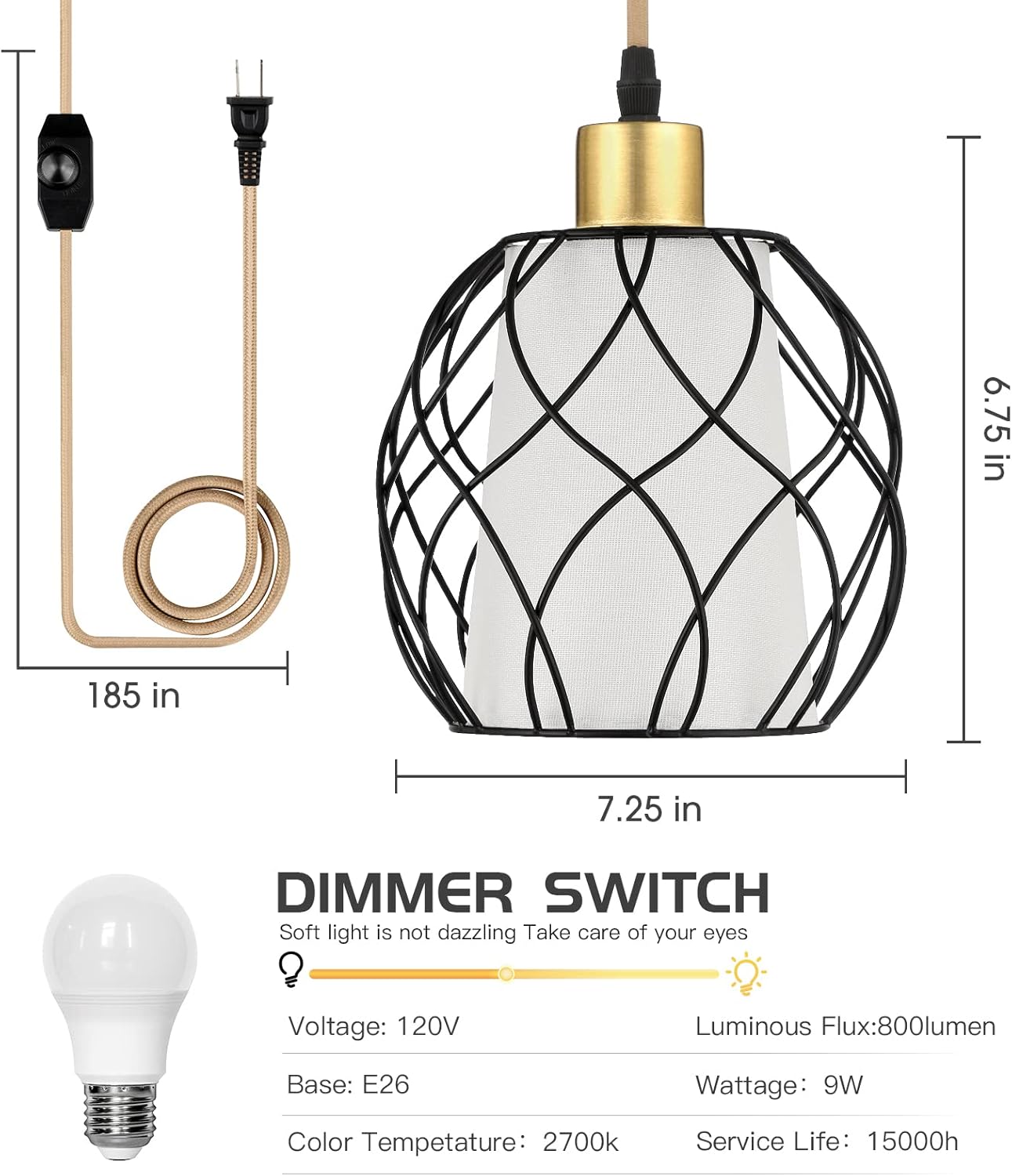 Plug in Pendant Light,Hanging Light with Plug in Cord,Black Hanging Lamp with Dimmable Switch,15 ft Golden Cotton Cord,Hanging Light Fixture for Kitchen Living Room Bedroom (Bulb Included)