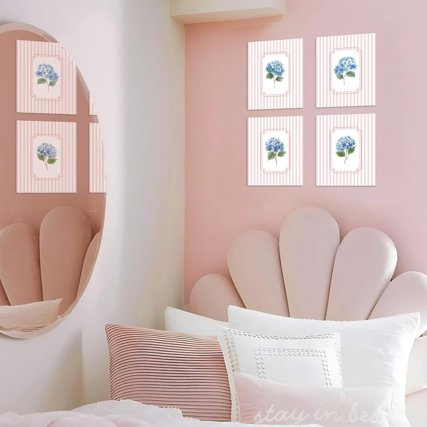 Foritho Pink Striped Blue Hydrangea Floral Wall Art Prints 8x10 Set of 4, Grandmillennial Blue Flower Botanical Wall Decor Pictures Posters for Girls Bedroom Home Living Room, Unframed