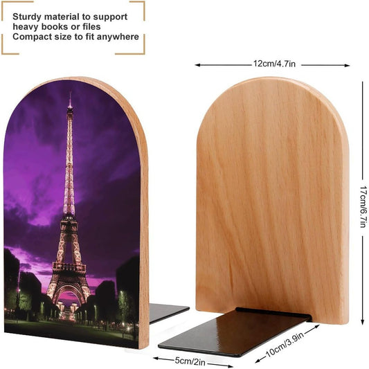 Purple Eiffel Tower Bookend for Shelves Wooden Book End Large Size Sturdy Book Holders Stoppers with Metal Base for Bookshelves Slick Decorative Bookends Stands