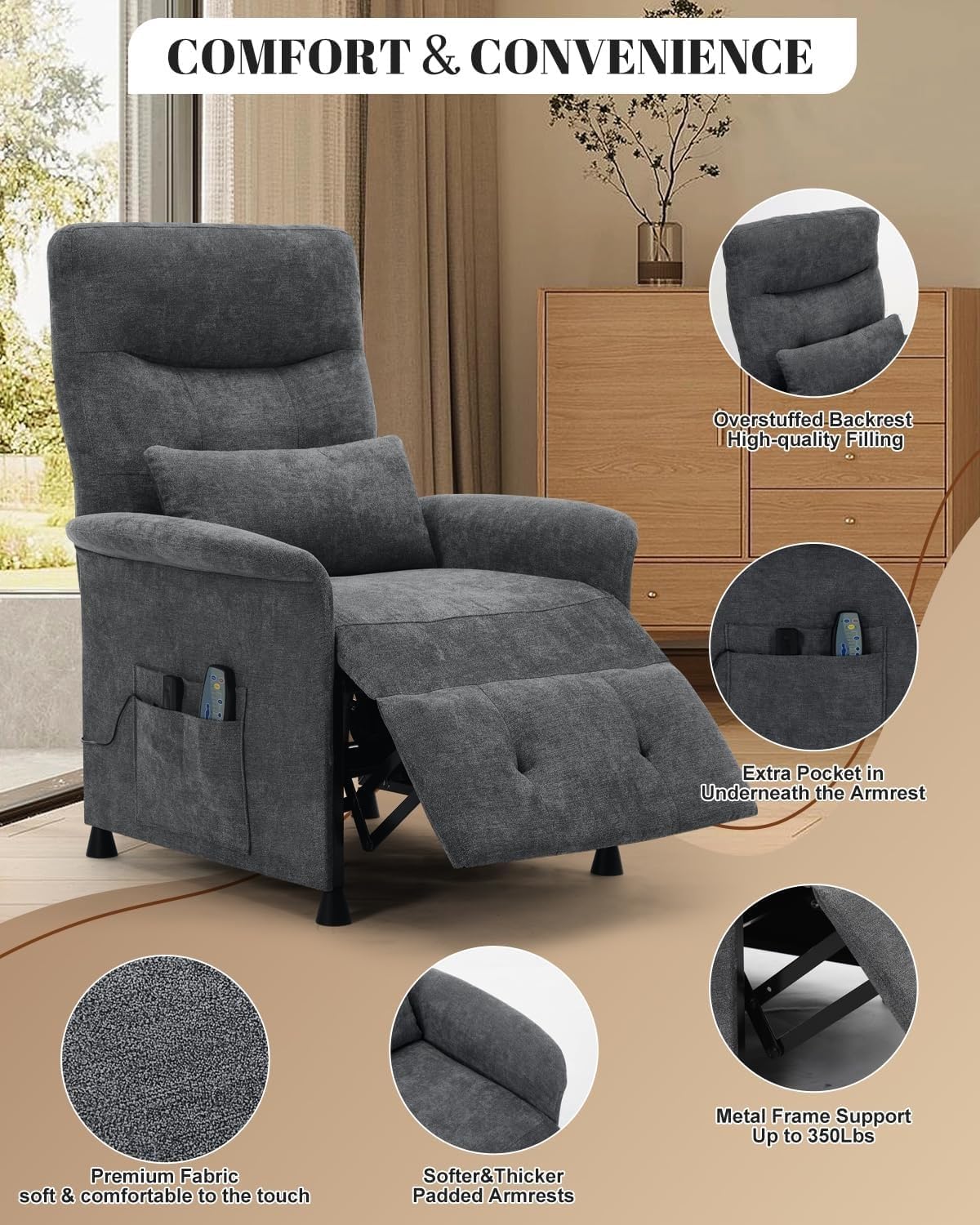 Power Recliner Chair with Heat Vibration Massage Electric Reclining Sofa with Lumbar Support Adjustable Soft Fabric Recliners for Adults Living Room Bedroom