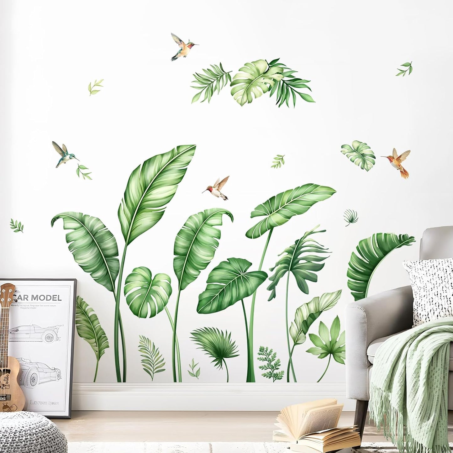 Large Palm Leaves Wall Decals, Tropical Plants Wall Stickers Boho Green Peel and Stick Wall Decal Self Adhesive Wall Art Sticker for Aisle Bedroom Office Sofa Backdrop Home Decor