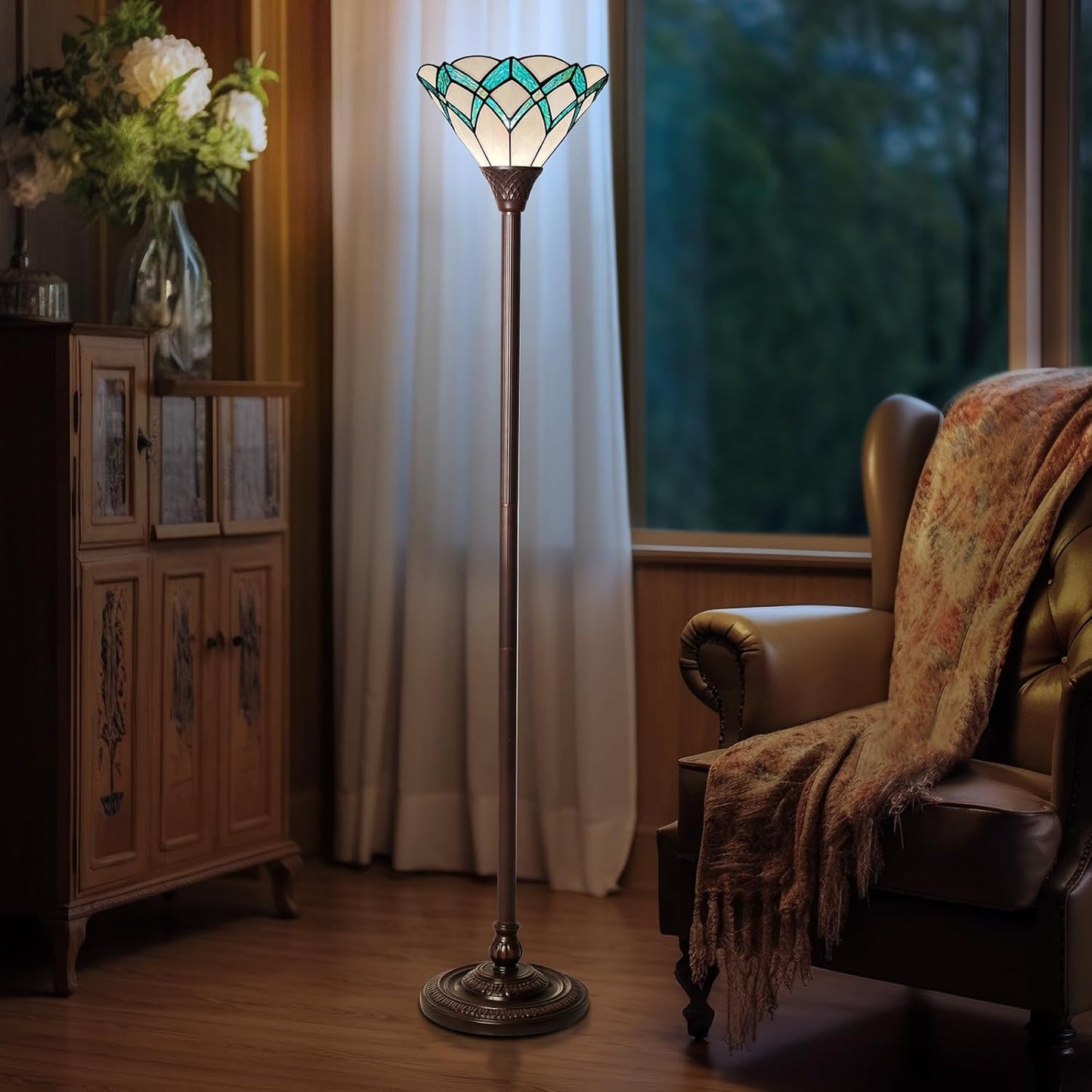 Capulina Tiffany Lamp Stained Glass Torchiere Floor Lamp 70 Inches Tall Dark Bronze Pole Green Romantic Tiffany Style Torch Standing Lamp for Living Room Bedroom Home Office