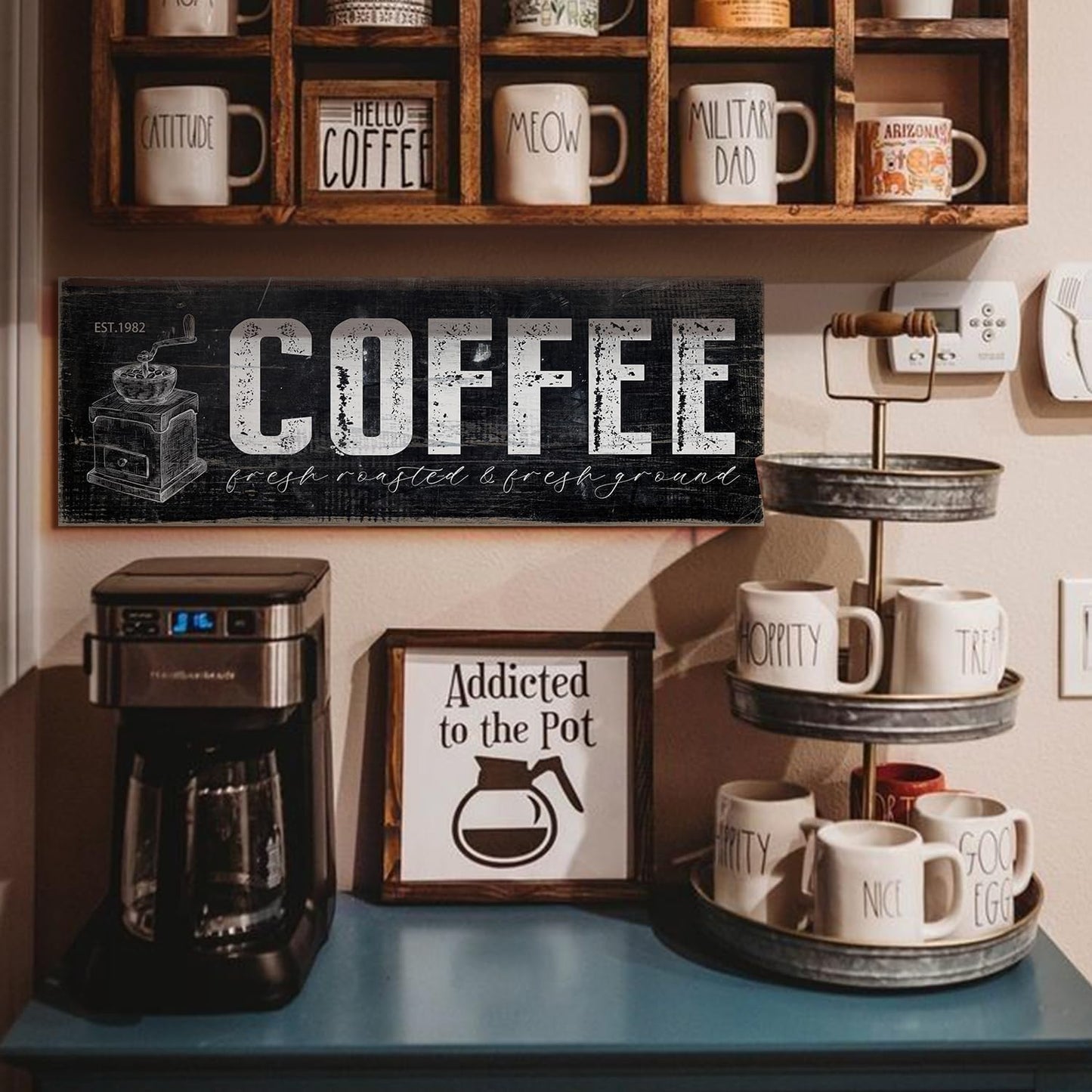 Distressed Coffee Bar Plaque Sign for Kitchen Station Fresh Roasted & Fresh Grind Black and White Canvas Wall Art for Home Cafe Corner Pantry Countertop Decorations 6"x17"