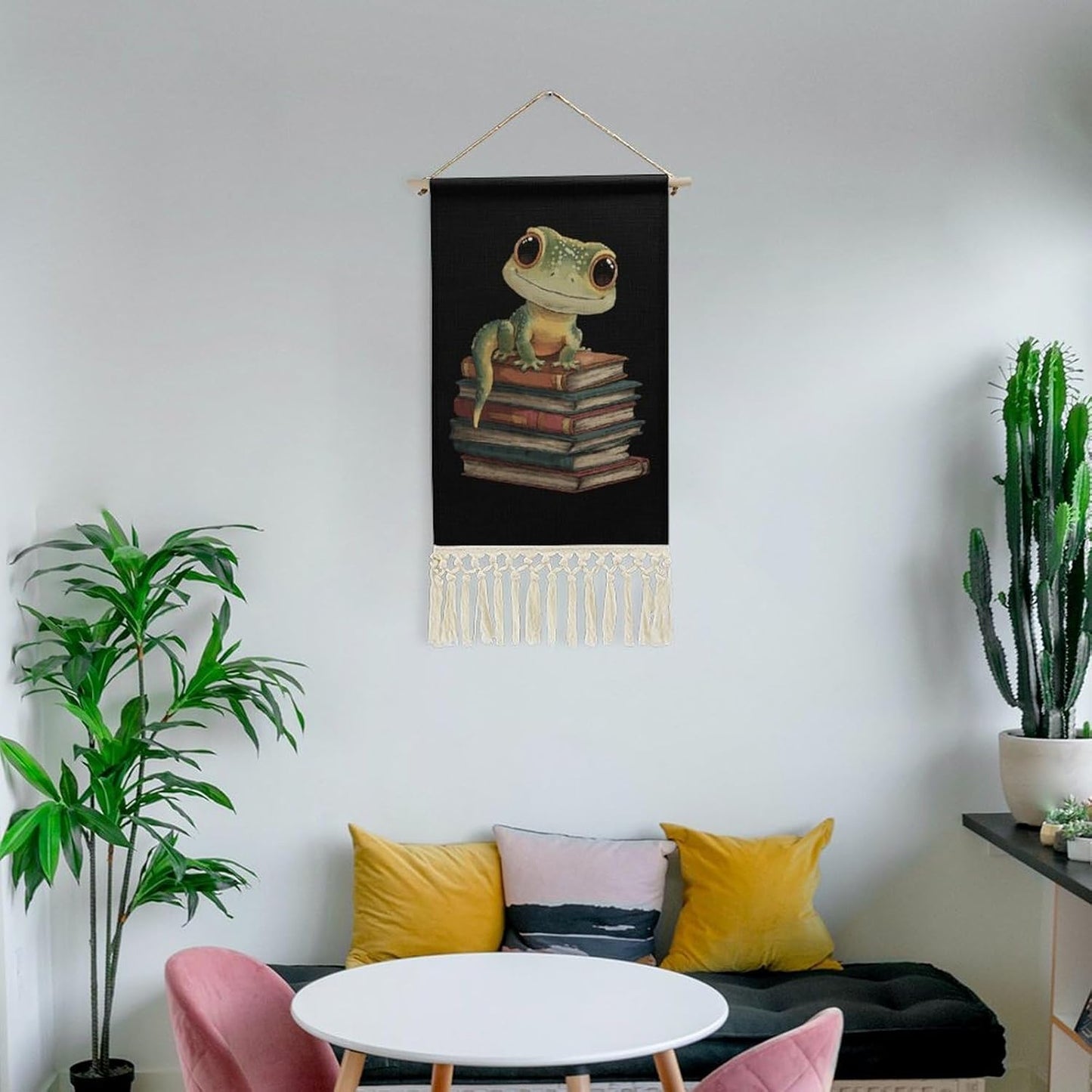 Leopard Gecko Reading Books Retro Poster Hanging Kit Art Picture Canvas Personalized Home Decor with Tassel