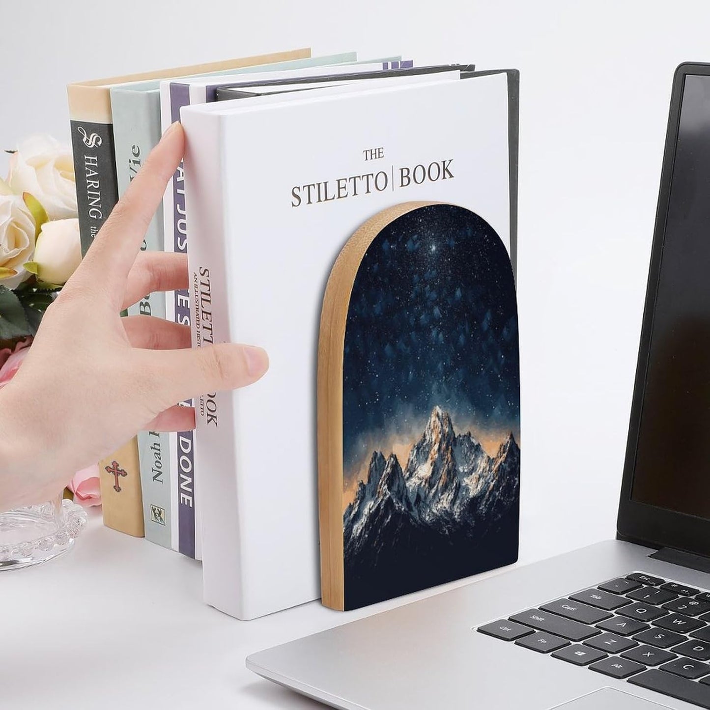 Starry Night The Mountains Wooden Bookend Non-Slip Book Ends Heavy Duty Book Stopper with Metal Base Books Holderd Decorative Bookends Stands Firmly for Office Supplies