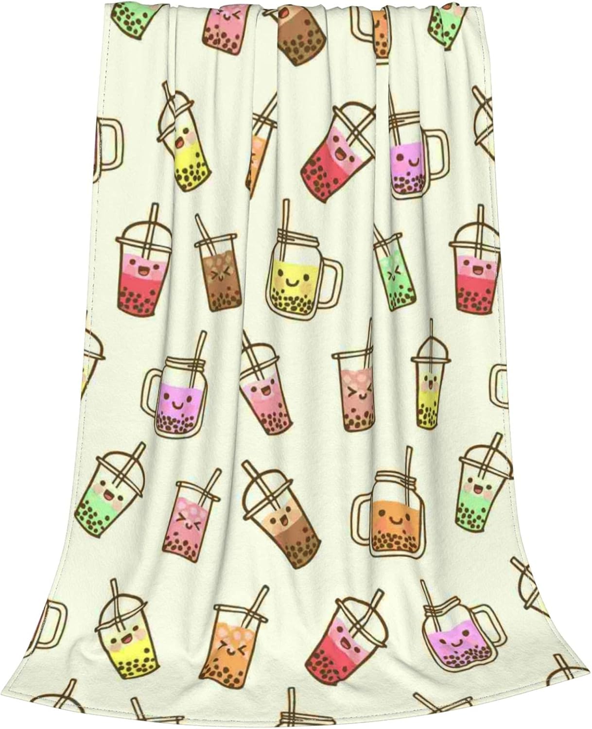 Boba Bubble Tea Blanket Kawaii Smiled Drinks with Tapioca Pearls Throw Blanket for Kids Girls, Ice Milk Tea Cozy Flannel Blanket Soft Lightweight Fluffy Sofa Plush Fleece Blanket 60"x50"