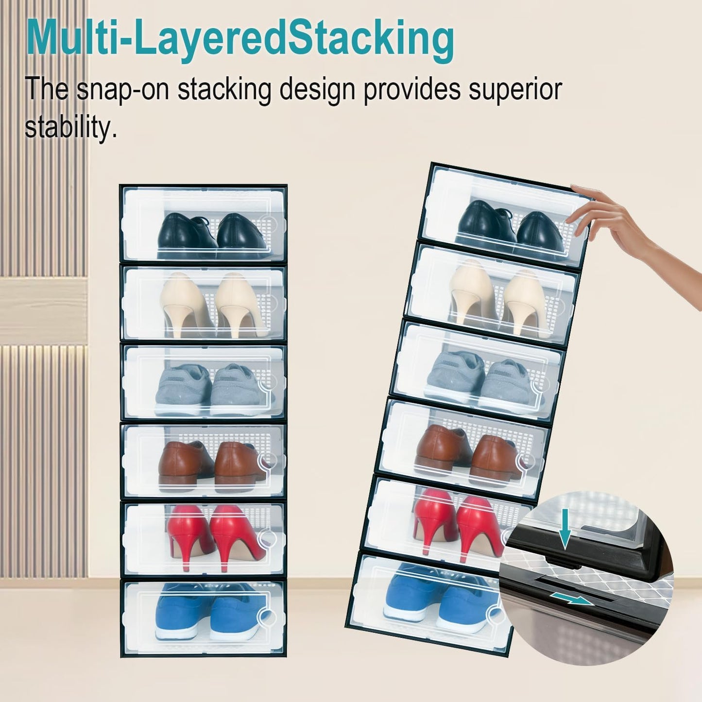 12 Pack Shoe Storage Boxes, Clear Plastic Stackable Shoe Organizer for Closet, Foldable Shoe Rack with Lids for Entryway, Closet, Under Bed, Black (13 x 9.1 x 5.5inches)