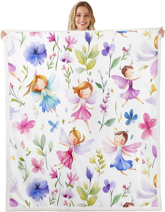 Feelyou Cute Pink Fairy Fleece Throw Blanket Twin 60"x80" Kids Cartoon Fairy Plush Sherpa Blanket Fuzzy for Boys Girls Teens Floral Flower Print for Bed Couch Chair Breathable Magic Room Decor