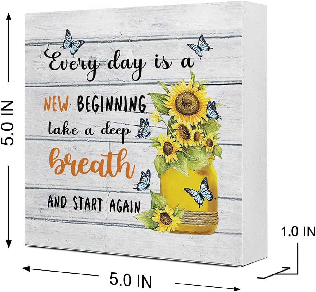 Everyday Is A New Beginning Farmhouse Sunflowers Wooden Sign Desk Decor, Inspirational Wood Block Signs for Home, Bedroom, Office