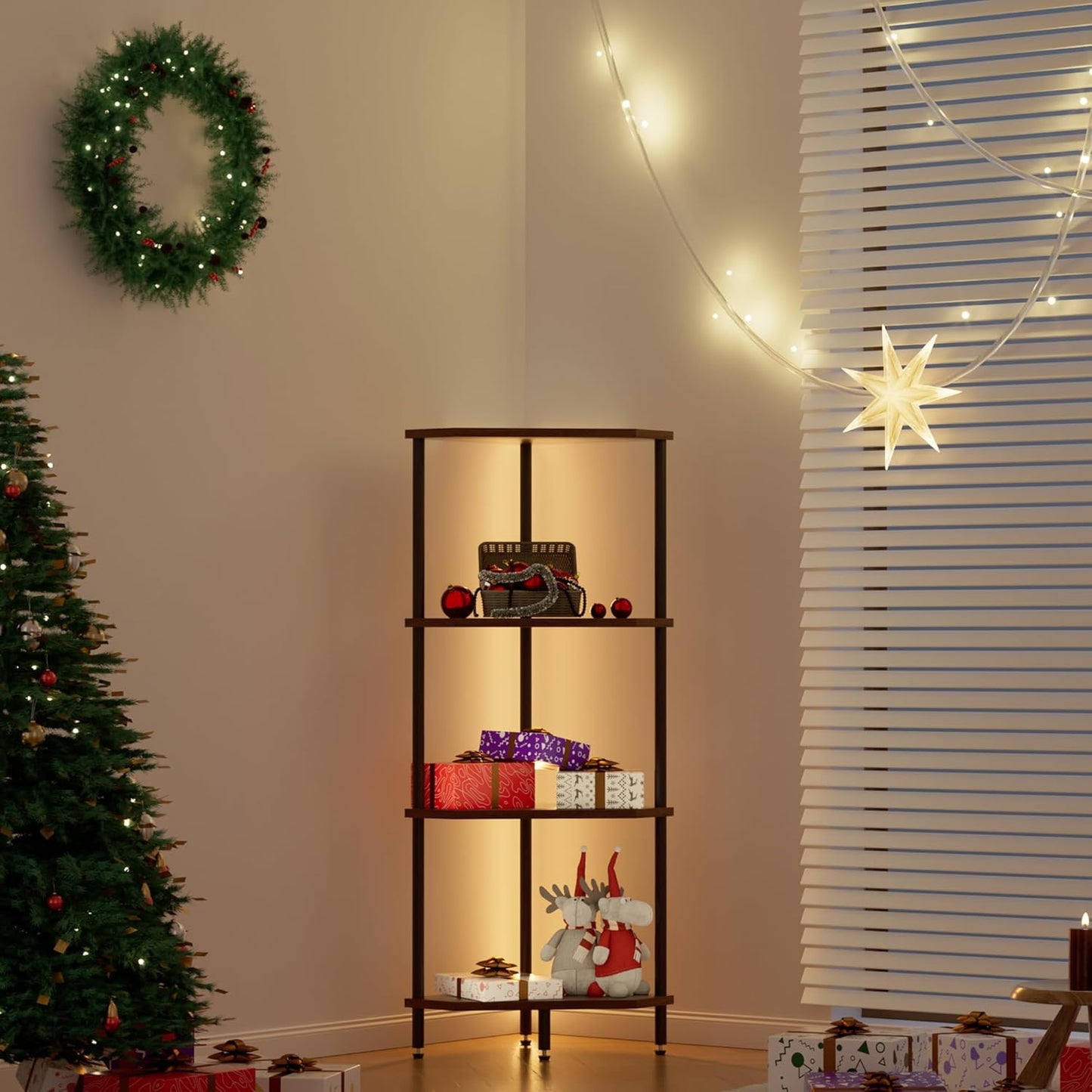 4 Tier Corner Shelf with LED Light,Bookcase for Small Spaces,Display Shelf,Narrow Bookshelf,Plant Stand,Rustic Brown and Black,Suitable for Bedroom,Living Room,Kitchen