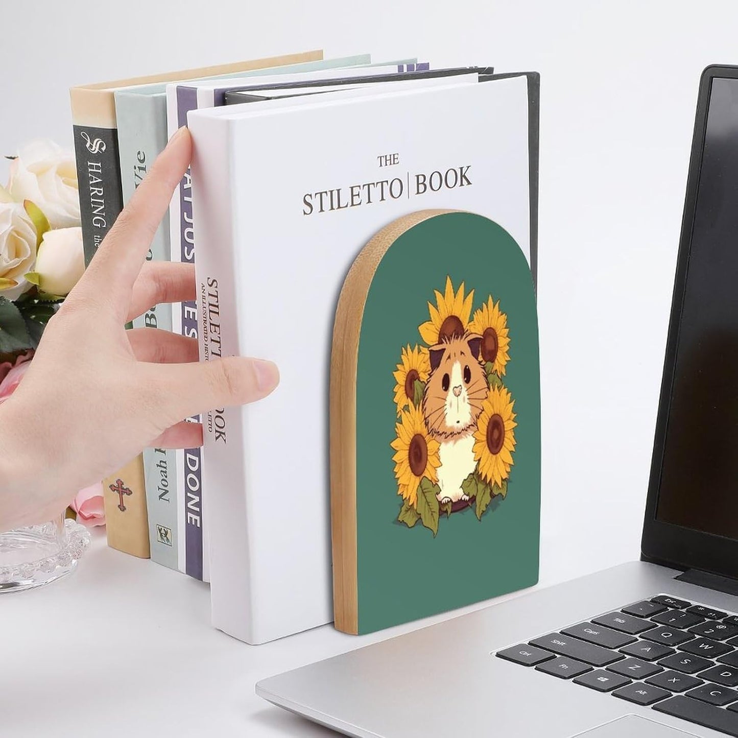 Non-Slip Bookend for Shelves Sunflower Hamster Cartoon Wooden Bookends with Metal Base Decorative Book Stopper for Home Heavy Duty Wood Book Storage for Books/CDs