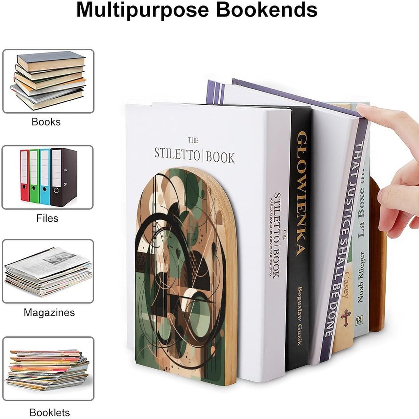 Green Circle Pattern Bookend for Shelves Wooden Book End Large Size Sturdy Book Holders Stoppers with Metal Base for Bookshelves Slick Decorative Bookends Stands