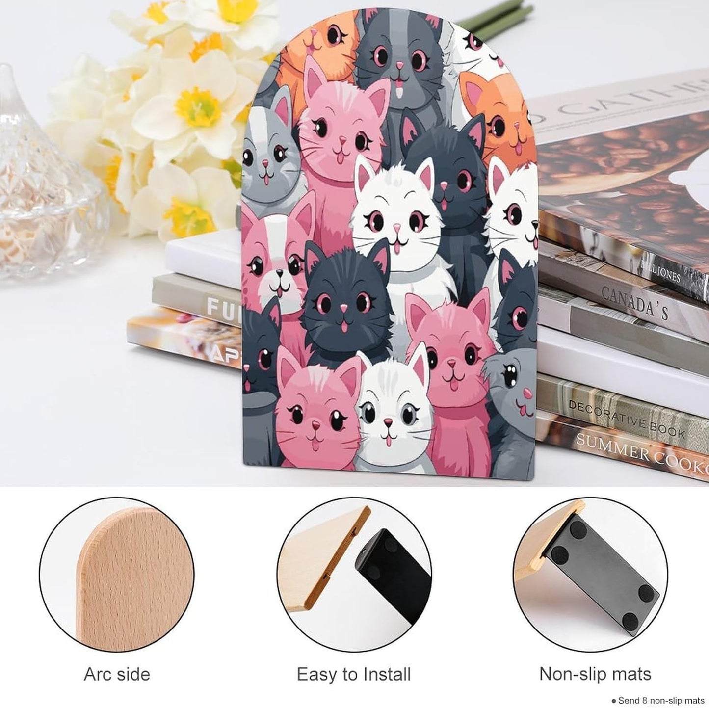 Non-Slip Bookend for Shelves Cute Kittens Wooden Bookends with Metal Base Decorative Book Stopper for Home Heavy Duty Wood Book Storage for Books/CDs