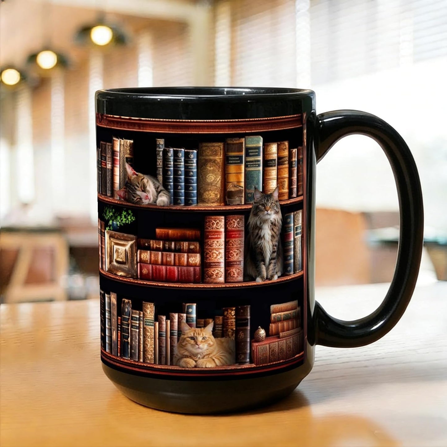 Book Lover Coffee Mug 15oz - Unique Library Gift for Readers, Bookworms & Librarians - Reading Bookish Items Novelty Ceramic Coffee Cup with Cute Cat and Books Design -46