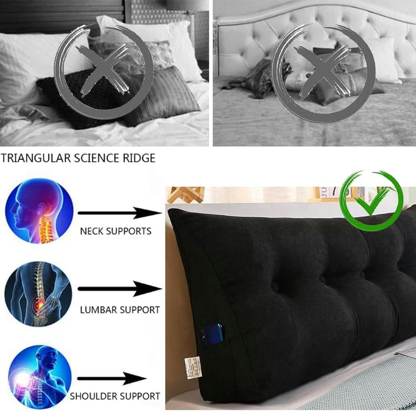 AMNOOL Large Triangular Headboard Long Pillow Solid Color Back Cushion Television Pillow Reading Bolster Wedge Pillow for Sofa Bed Backrest Washable Support Cushion, 79inch/200cm