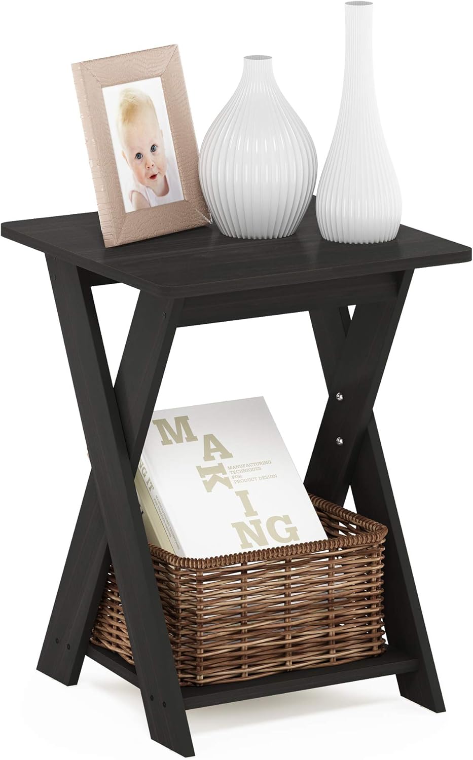 Furinno Modern Simplistic Side Table, 2-Tier Square End Table with Lower Open Shelf and X-Legs, Criss-Crossed Night Stand, Bedside Table, for Living Room, Bedroom, Espresso