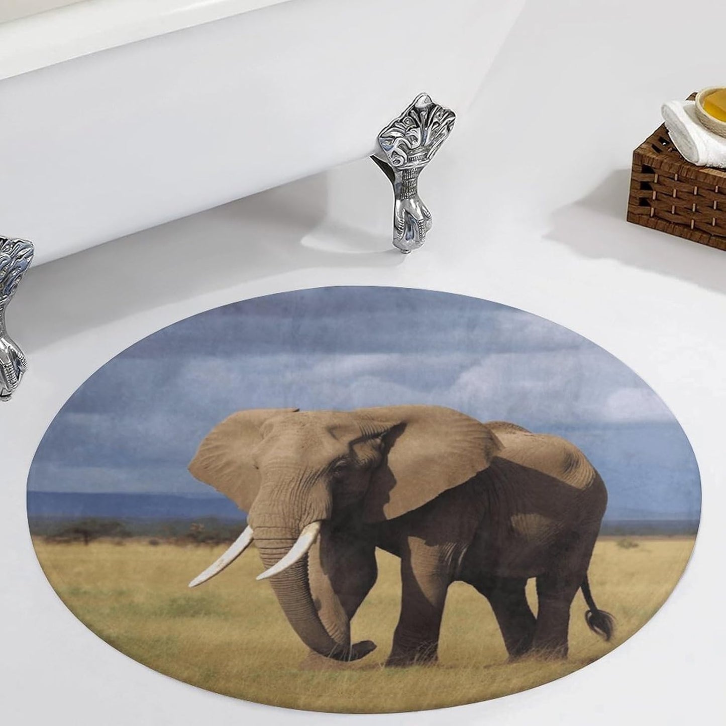 Africa Grassland Elephant Circle Rug Retro Luxury Coral Velvet Floor Mat Non Slip Soft Indoor Floor Carpet Comfy Thickened Area Rugs Modern Aesthetic Minimalist Carpets for Home Decor
