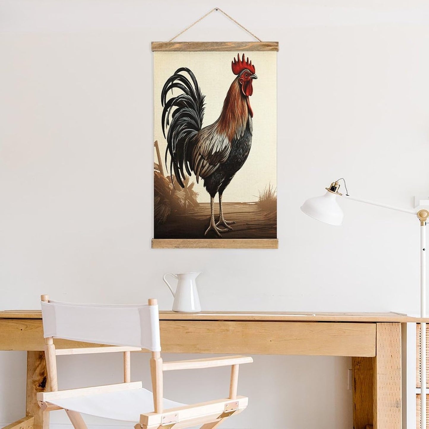 Vintage Rooster Poster with Wooden Frame Personalized Linen Hanging Scroll Painting Rustic Wall Hanging Illustrative Modern Artwork Decor for Home Living Room Bedroom Office