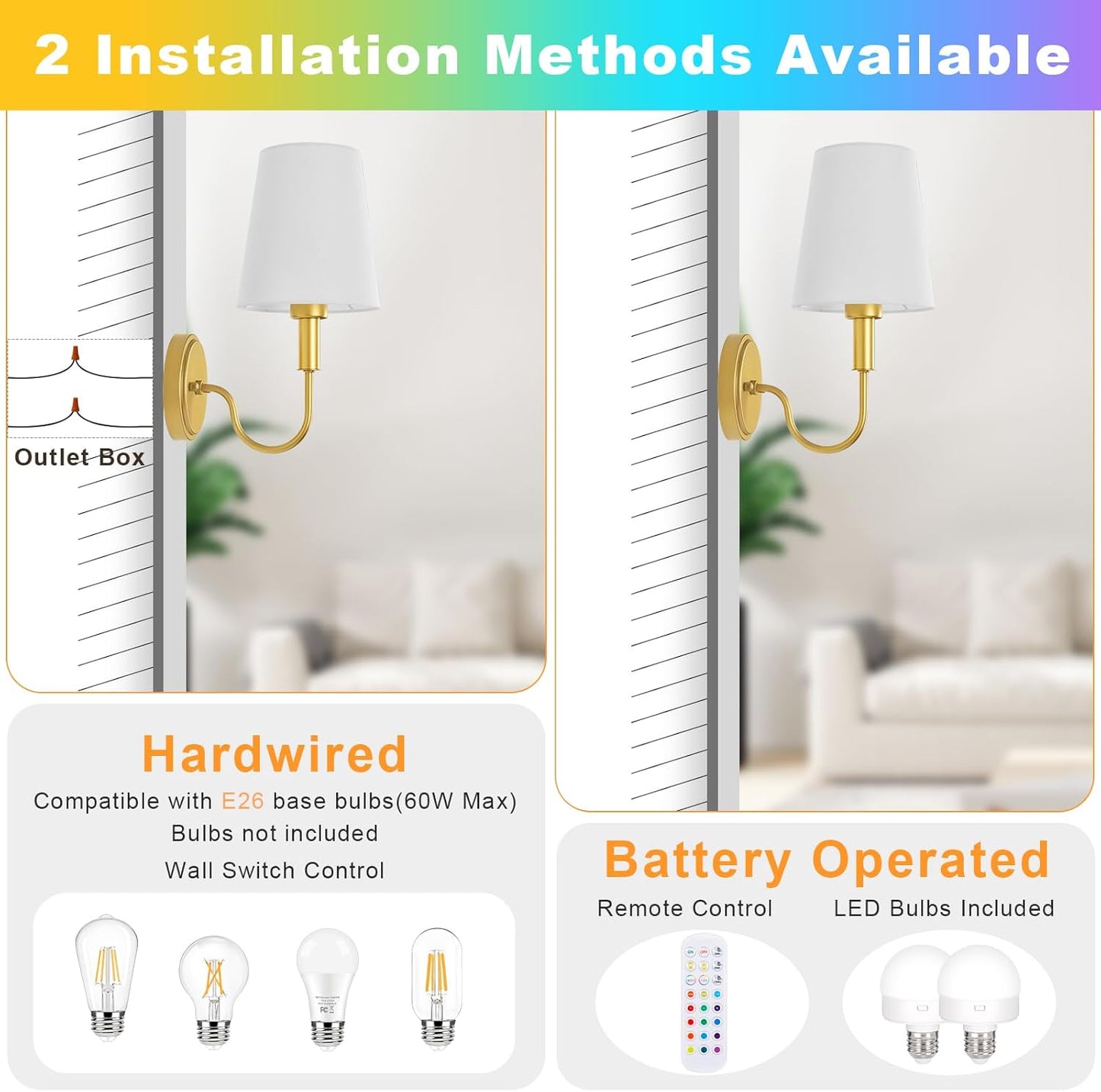 Wireless Rechargeable Wall Sconce, Battery Operated Wall Lights with Remote, Wall Lamps with Dimmable RGB LED Bulbs, No Wiring Gold Sconces Wall Decor Set of 2 for Bedroom Living Room Hallway