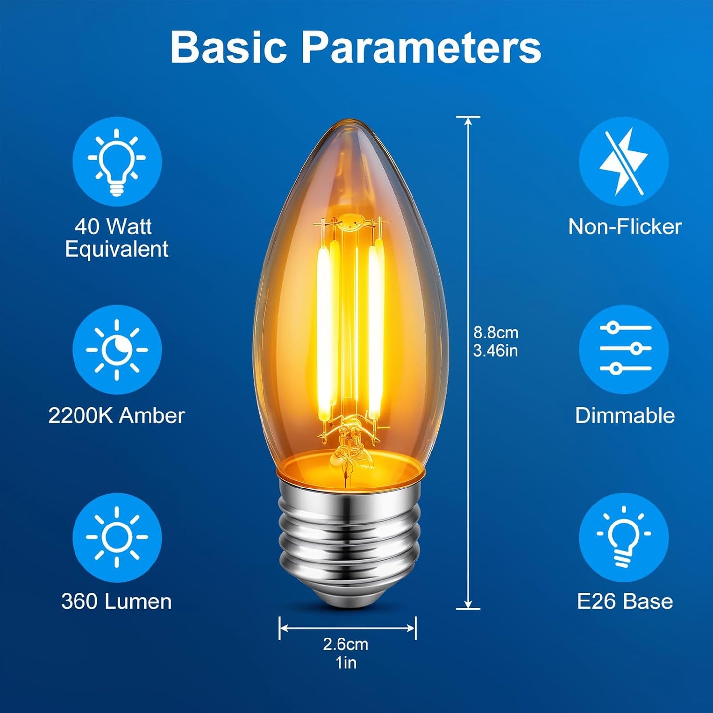 KINUR E26 Dimmable Amber LED Light Bulbs.40 Watt Candelabra Light Bulbs Equivalent,Dimmable B11 Candelabra Base LED Bulbs,2200K,360LM,2 Pack