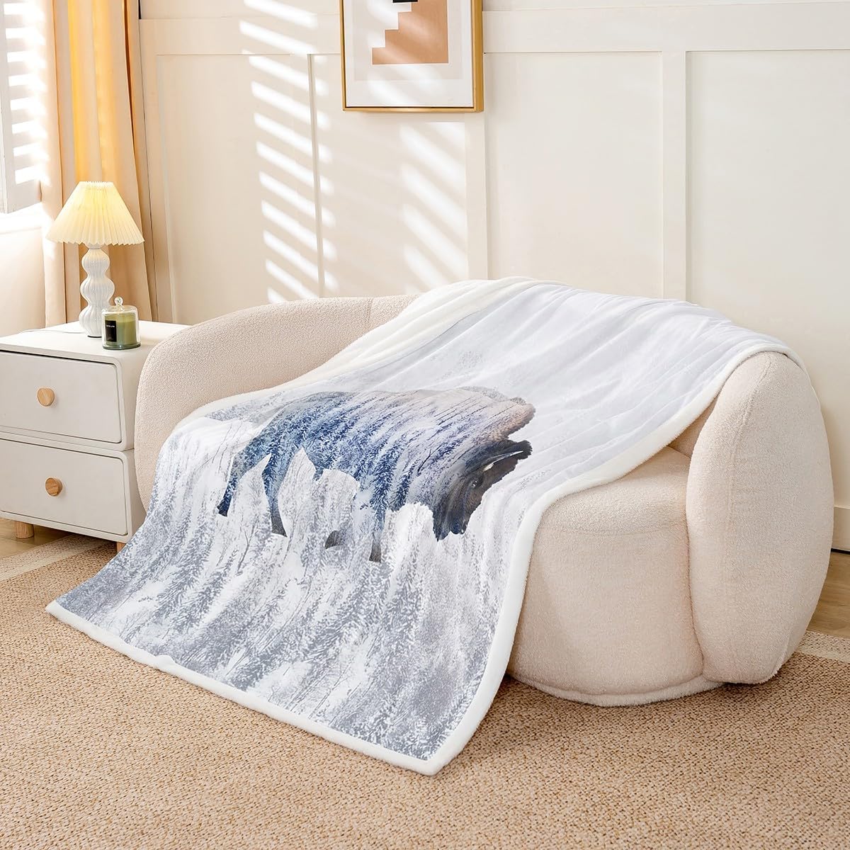 Feelyou Cute Buffalo Sherpa Blanket 40"x50" Wild American Bison Fleece Throw Blanket 3D Wild Animal Wildlife Snowfield Forest Winter Plush Blanket for Bed Sofa Couch Room Decor White Fuzzy Blanket