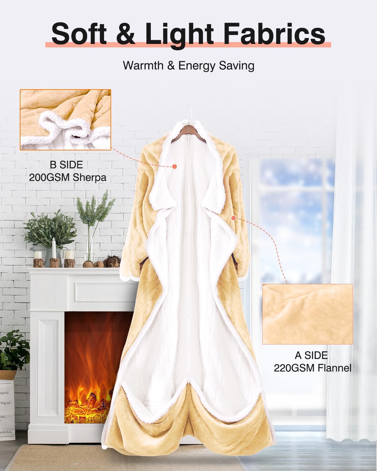 Wearable Heated Blanket with Sleeves, Electric Heated Robe with Foot Pockets, Electric Snuggie for Women, 9 Heating Levels & 2-10 Hours Timer, 50"x70" (Light Yellow)
