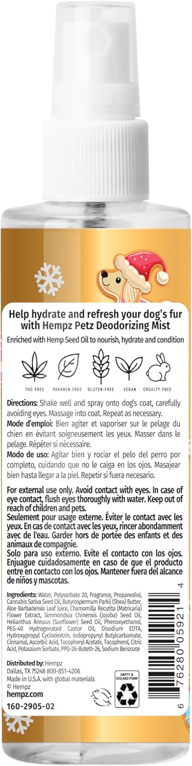 Hempz Petz Deodorizing Dog Spray, Vanilla Sugar Cookie Scent, Hydrating Spray 4.22 oz