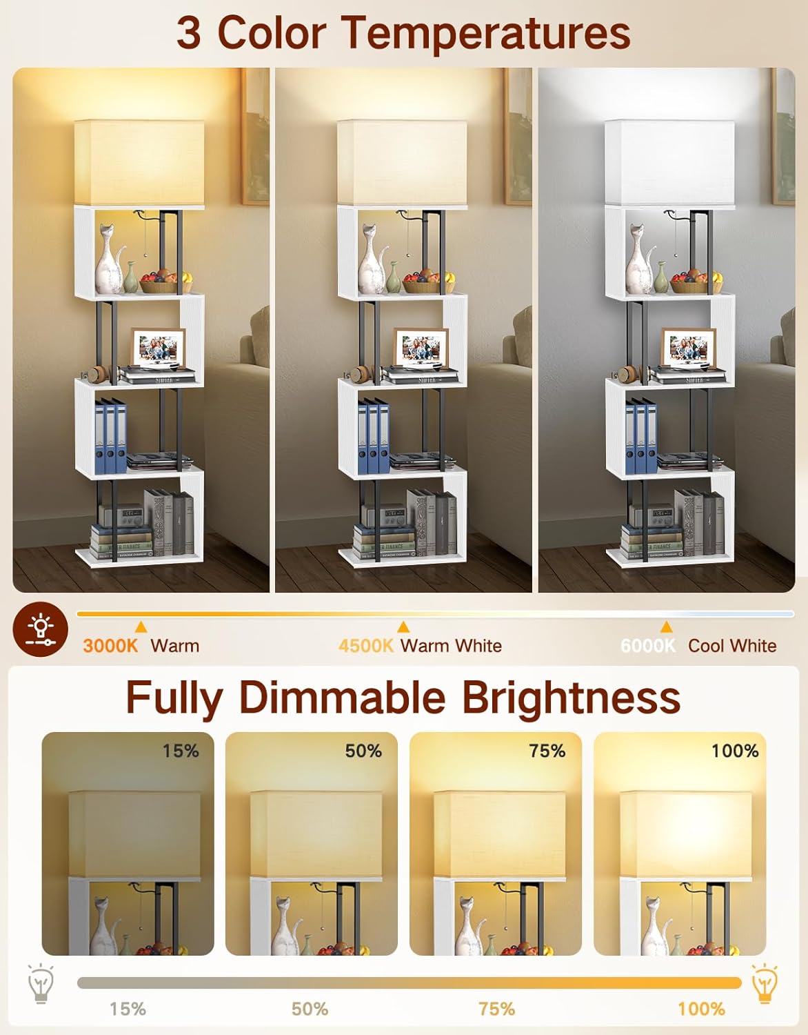 5-Tier Floor Lamp with Shelves & Remote, Dimmable S-Shaped Bookshelf with 3 Color Temperature, 1-Hour Timer, Tall Corner Standing Lamp for Living Room, Bedroom, Office(Black White)