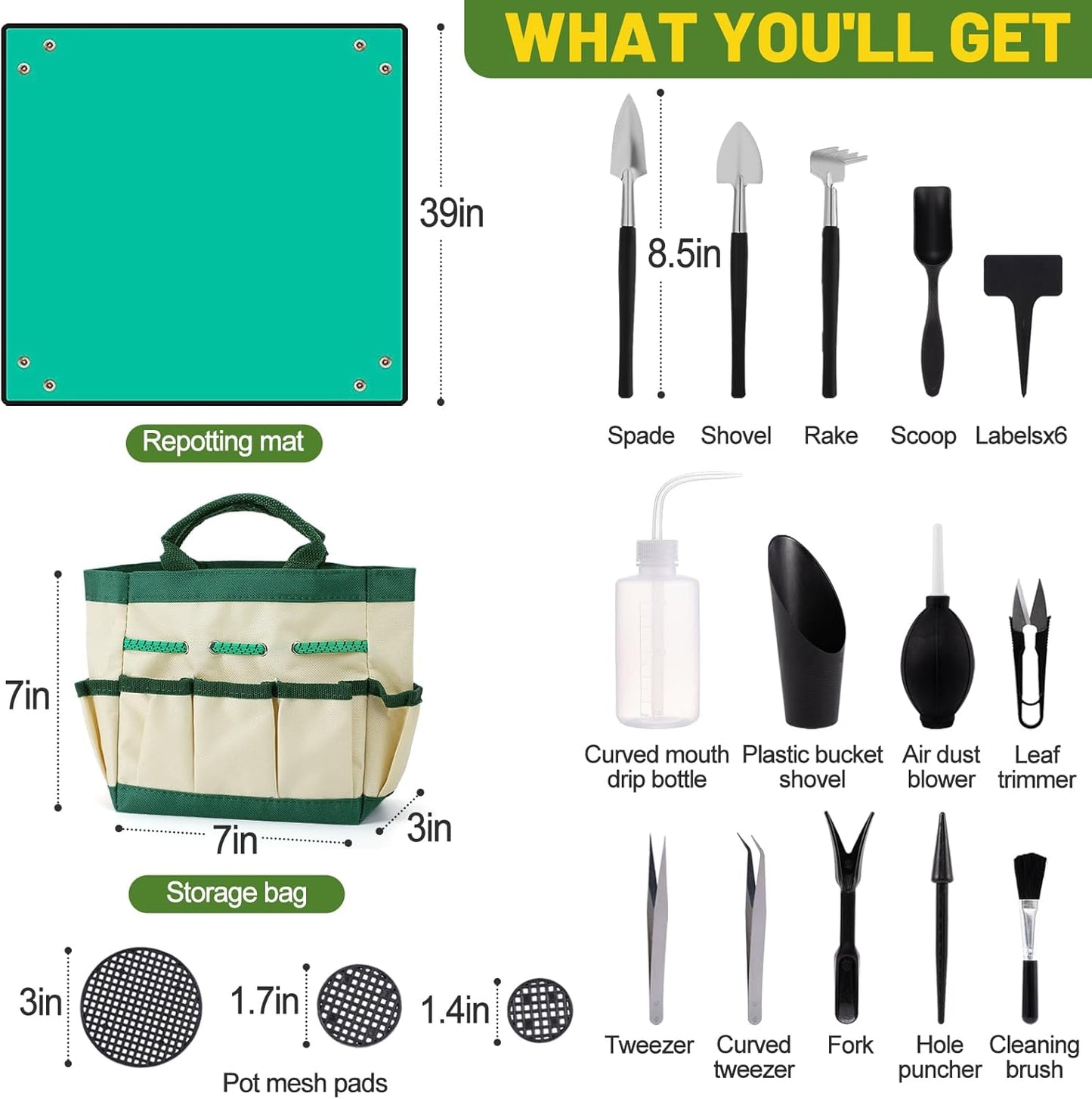44pcs Small Gardening Tools Gifts for Women Beginners - Garden Hand Tools Set for Indoor Succulent Bonsai Plants Transplanting, Included Bag/Repotting Mat/Shovel/Labels, Green