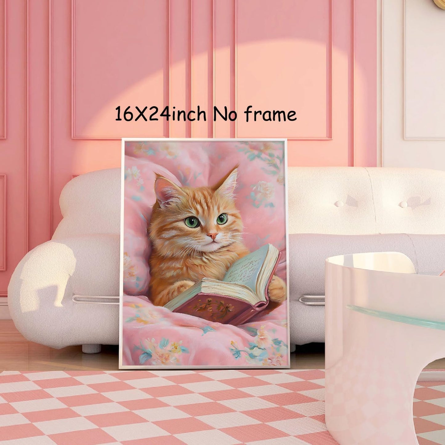Cat Reading Book Wall Art Funny Aesthetic Cat Paintings Artwork Trendy Animal Poster Cats Floral Wall Art Animals Reading Books Prints Cute Pink Cats Picture Wall Decor 16x24in Unframed
