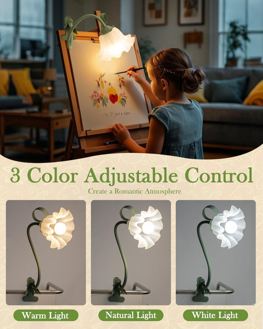 Flower Lamp Clip on Light, 3 Color Modes Eye-Caring Desk Lamp with Clamp, Dorm Room Essentials, Flexible Neck Reading Clamp Lamps for College Bedside Bookshelf Studying Room (Green)