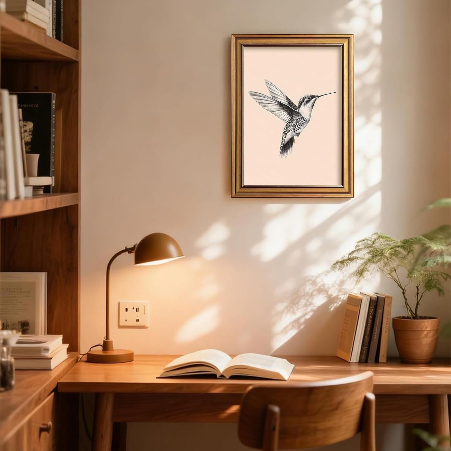 Gold Framed Hummingbird Wall Art - Vintage Black And White Bird Pictures Wall Decor, Simple Flying Bird Painting Canvas Prints, Rustic Cottage Sketch Artwork for Bathroom Hallway 12x16 Inch