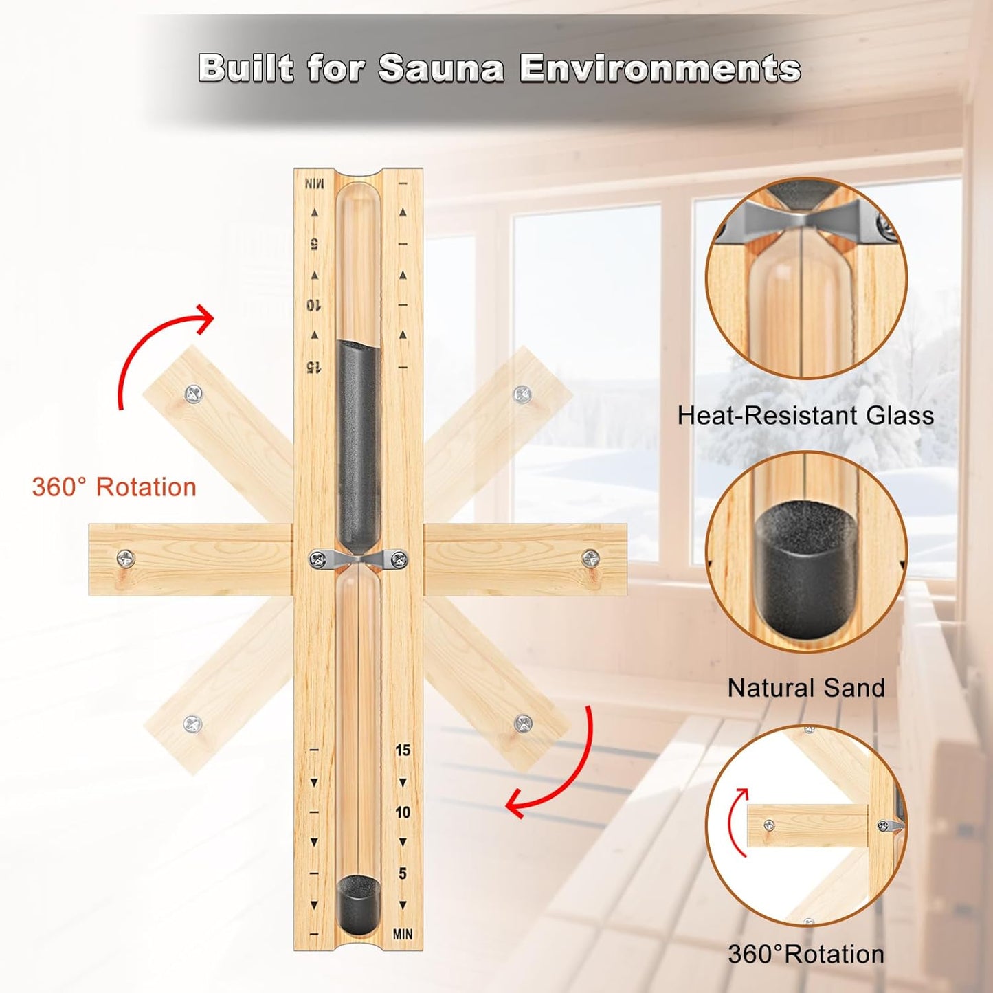 15 Minute Sauna Timer, Wooden Hourglass for Sauna, Reloj De Arena, Heat Resistant Sand Clock Hour Glass Timer for SPA Room (Black)
