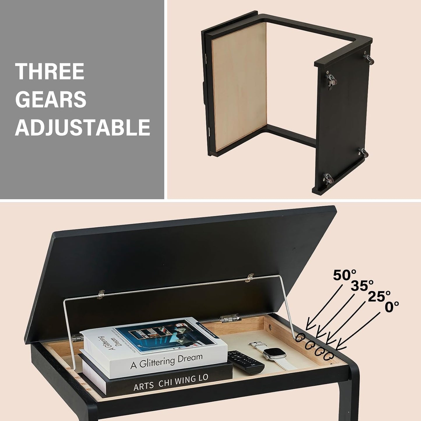 Black Side Table - C Shaped End Table for Couch, Wooden Small Black End Table for Living Room, Couch Tables That Slide Under Sofa, Rolling Side Table with Wheels for Bedroom, Sofa Tray for Laptop