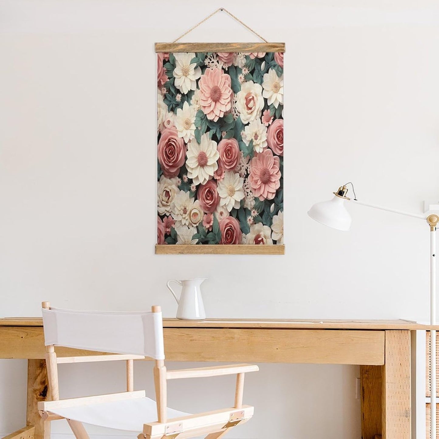 Vintage Flowers with Pink And Green Leaves Poster with Wooden Frame Personalized Linen Hanging Scroll Painting Rustic Wall Hanging Illustrative Modern Artwork Decor for Home Living Room Bedroom Office