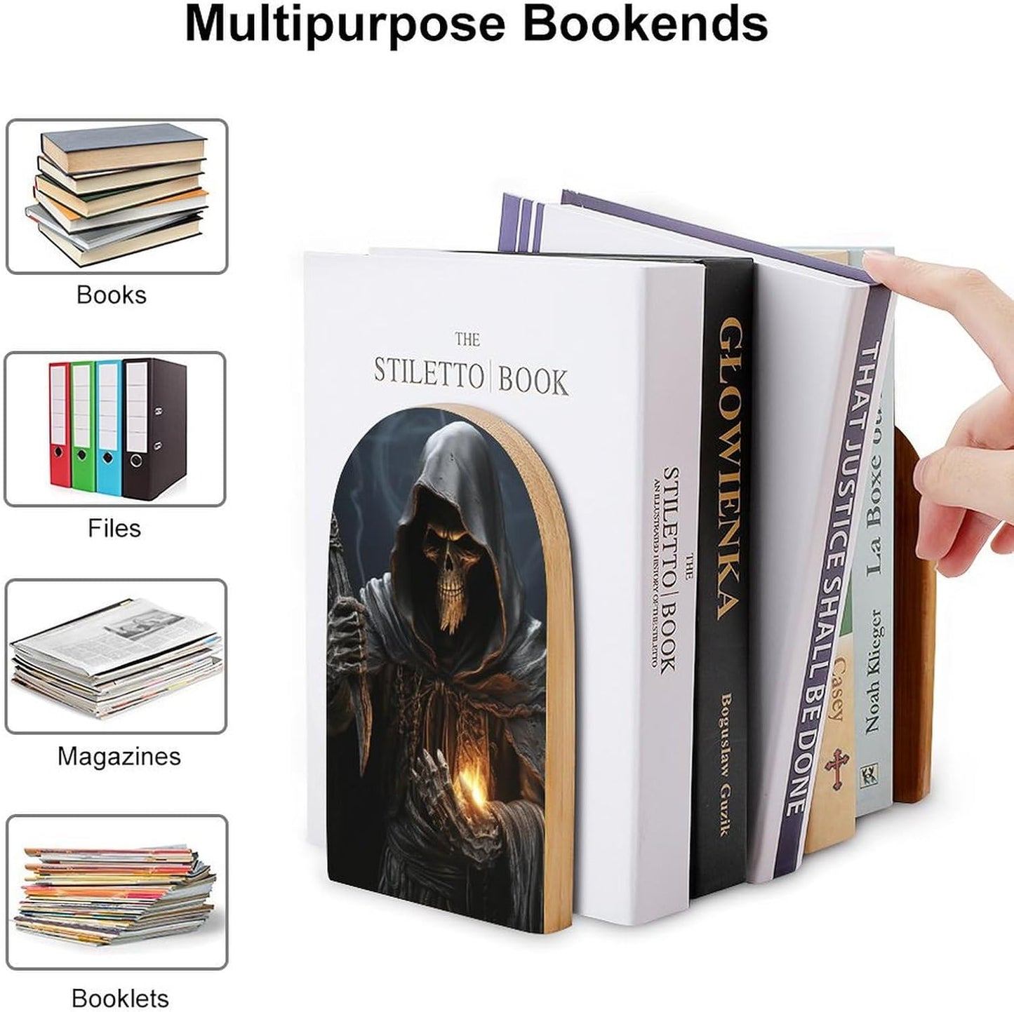 Grim Reaper Book Ends Wooden Bookends Non-Skid Metal Base Heavy Duty Book Shelves Decor, Decorative Bookends for Books/CDs Bookshelf Table Home Decor